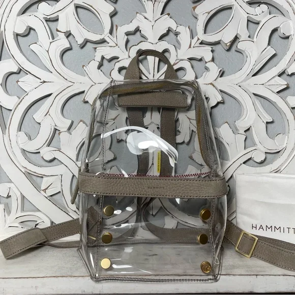 SOLD Hammitt Los Angeles Hunter Medium Clear Backpack Grey Natural Brushed Gold - Picture 2 of 6